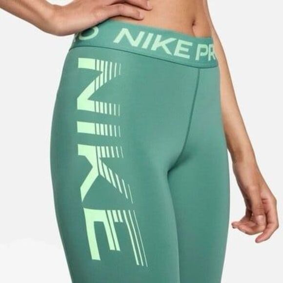 Nike Pro Mid-Rise 7/8 Graphic Leggings Bicoastal Vapour Green White Size Small - Picture 2 of 11